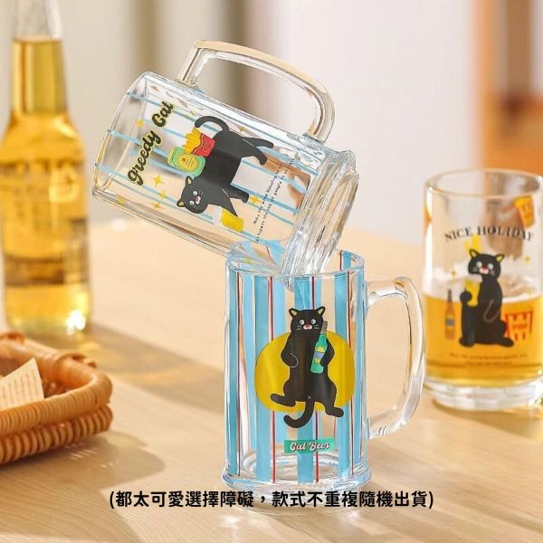 《799元公益福袋》下班後的微醺~大握把玻璃對杯430ml(共2個) 貓咪,插畫,貓插畫,可愛,日本,啤酒杯,玻璃杯,馬克杯,黑貓