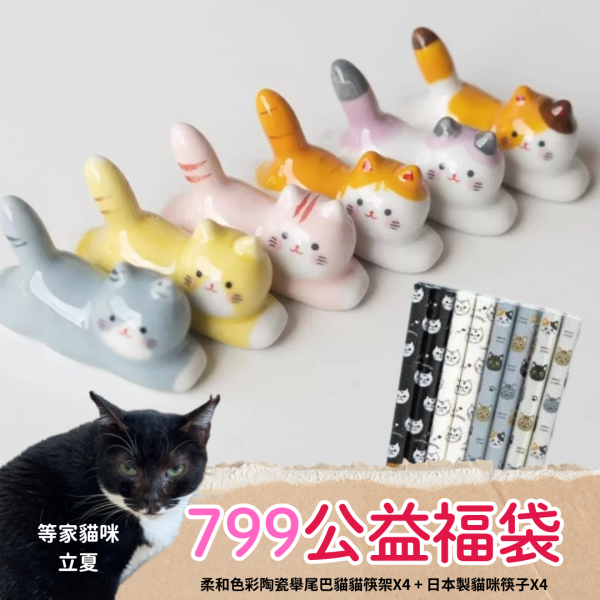 《799元公益福袋》柔和色彩陶瓷舉尾巴貓貓筷架X4 + 日本製貓咪筷子X4 貓咪,插畫,貓插畫,可愛,環保杯,保溫杯,耐熱,玻璃杯,陶瓷,舉尾巴,筷架,日本製,筷子