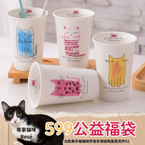 《599元公益福袋》北歐風手繪貓咪早安多用途陶瓷馬克杯 對杯組(兩個一組) 貓咪,插畫,貓插畫,可愛,日本,啤酒杯,玻璃杯,馬克杯,黑貓,水杯,夏天,衝浪北歐,手繪,陶瓷,馬克杯