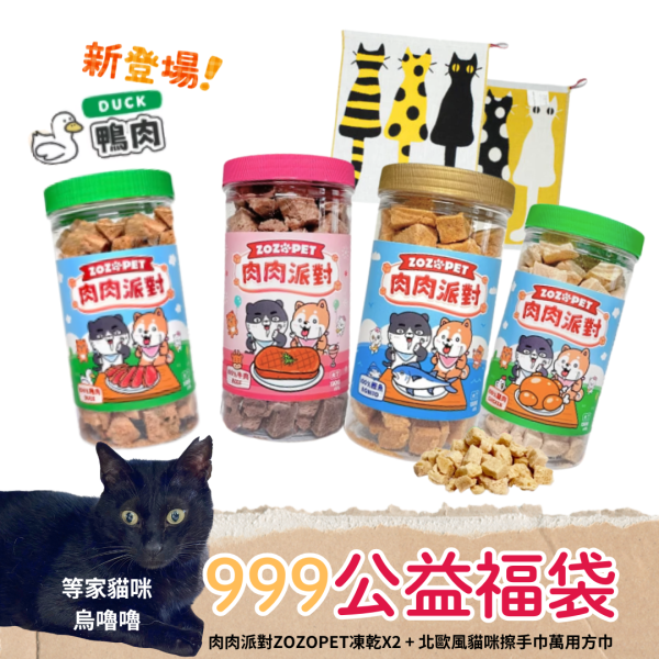 《999元公益福袋》肉肉派對ZOZOPET凍乾小丁X2 + 北歐風貓咪擦手巾萬用方巾 貓咪,肉肉,派對,凍乾,雞肉,牛肉,鰹魚,零食,獎勵
