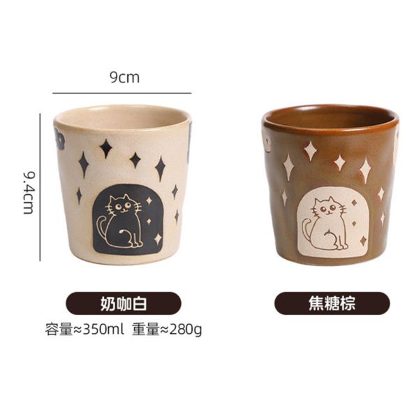 《699元公益福袋》貓咪就愛宅在家 日式粗陶手感咖啡杯水杯X2(對杯組) 貓插圖,貓咪,貓掌,肉球,原木,湯匙,吃魚,盤,碟,日本製,美濃燒,點心,粗陶,手感,咖啡杯,水杯,對杯組,日式