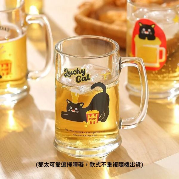 《799元公益福袋》下班後的微醺~大握把玻璃對杯430ml(共2個) 貓咪,插畫,貓插畫,可愛,日本,啤酒杯,玻璃杯,馬克杯,黑貓