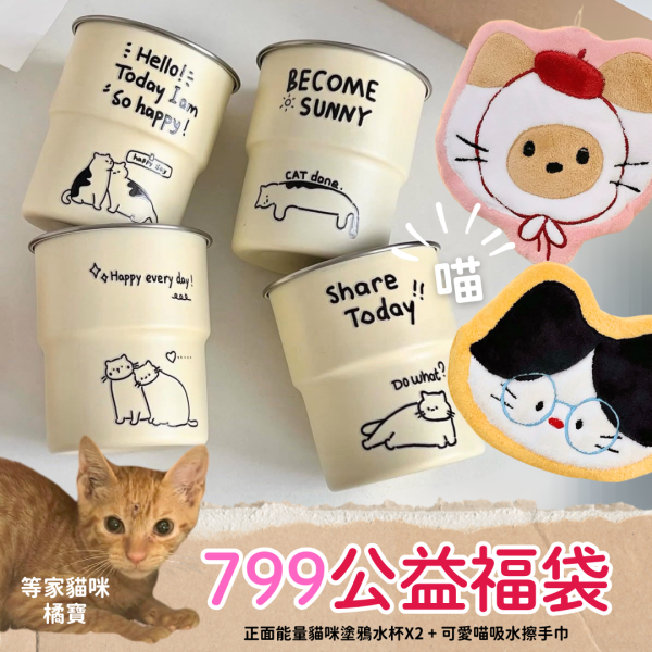 《799元公益福袋》正面能量貓咪塗鴉水杯X2 + 可愛喵吸水擦手巾 貓咪,插畫,貓插畫,可愛,露營,野餐,漱口杯,水杯,不鏽鋼,杯,語錄,擦手巾,廚房,浴室,廁所