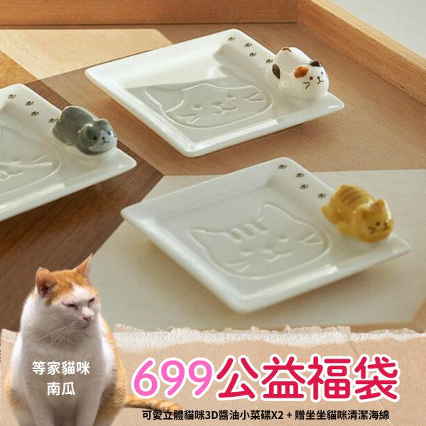 〈好評預購中〉《699元公益福袋》可愛立體貓咪3D醬油小菜碟X2 + 贈坐坐貓咪清潔海綿 貓插圖,貓咪,貓掌,醬油碟,醬料碟,筷架