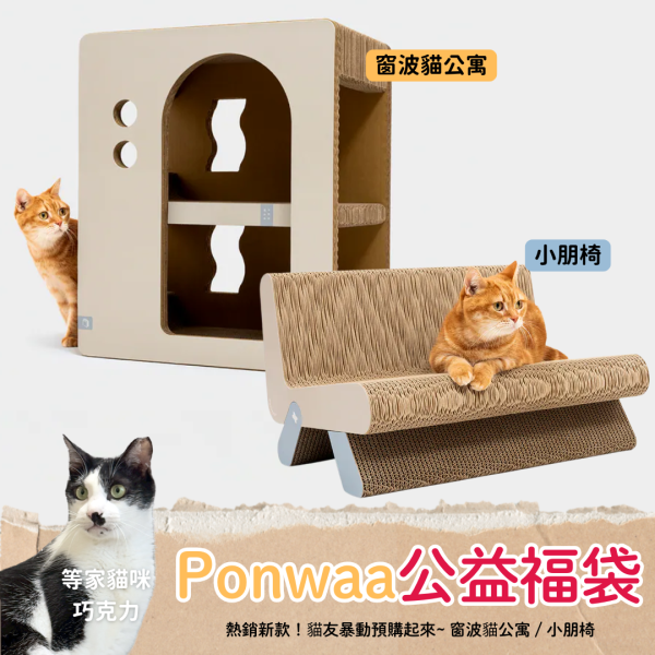 預購9月到貨！《Ponwaa公益福袋》窗波貓公寓 / 小朋椅 Ponwaa,朋瓦,階梯,圓洞,隧道,貓抓板,貓跳台,貓小宅,洞洞