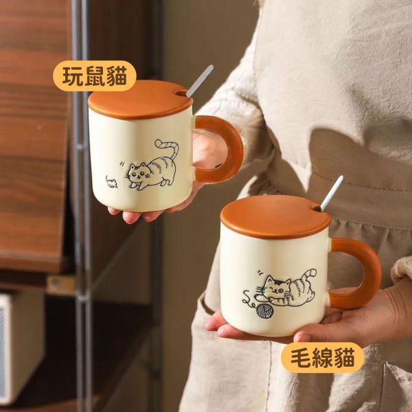 《999元公益福袋》貓咪日常各種可愛表情 附蓋馬克杯X2(對杯) 380ml 貓咪插畫,貓頭,咖啡,馬克杯,附蓋