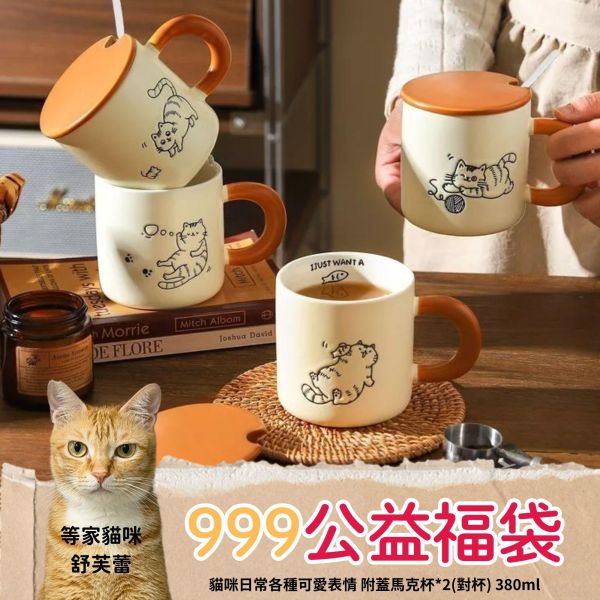 《999元公益福袋》貓咪日常各種可愛表情 附蓋馬克杯X2(對杯) 380ml 貓咪插畫,貓頭,咖啡,馬克杯,附蓋