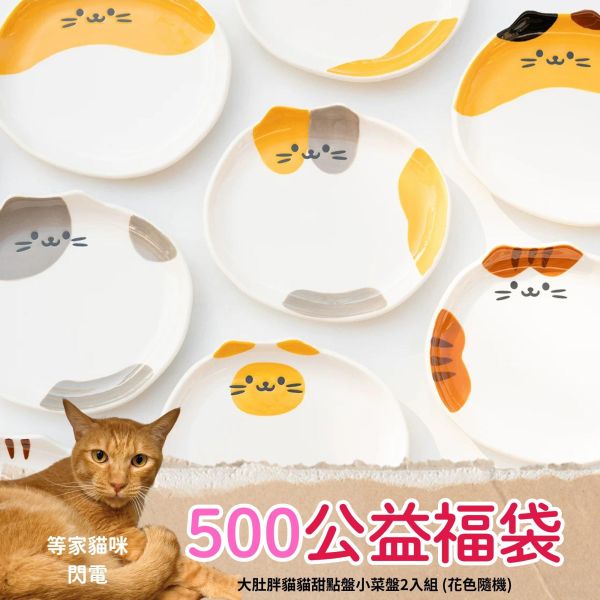 《500元公益福袋》大肚胖貓貓甜點盤小菜盤2入組 (花色隨機) 貓咪,寵物,星星,煙火,設計,慢食碗