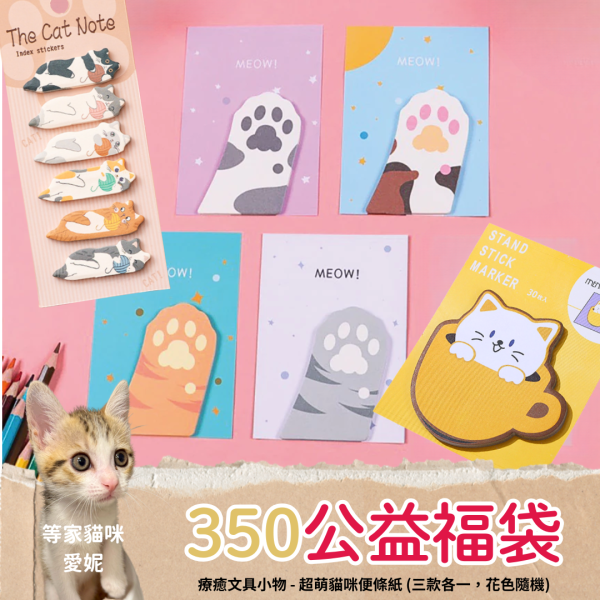 《350元公益福袋》療癒文具小物 - 超萌貓咪便條紙 (三款各一，花色隨機) 貓插圖,貓咪,貓掌,肉球,日系,便條紙,上班,療癒,職場,便利貼