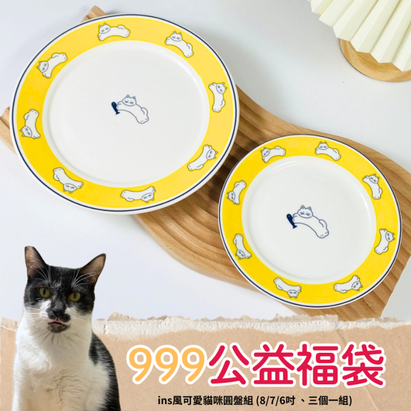 《999元公益福袋》ins風可愛貓咪圓盤組 (8/7/6吋 、三個一組) 貓咪,黑白貓,插畫,貓插畫,不鏽鋼,陶瓷,環保杯,隨行杯,530ml,冰壩杯,菜瓜布