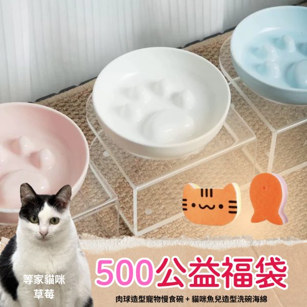 《500元公益福袋》肉球造型寵物慢食碗(不含下方透明高架)  + 貓咪魚兒造型洗碗海綿 貓咪,貓插畫,滑鼠墊