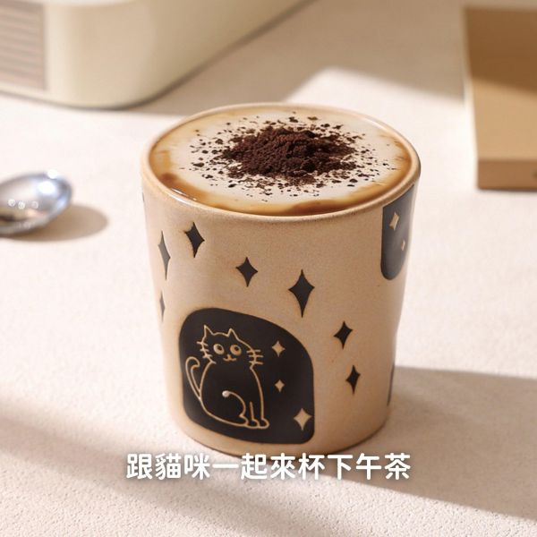 《699元公益福袋》貓咪就愛宅在家 日式粗陶手感咖啡杯水杯X2(對杯組) 貓插圖,貓咪,貓掌,肉球,原木,湯匙,吃魚,盤,碟,日本製,美濃燒,點心,粗陶,手感,咖啡杯,水杯,對杯組,日式
