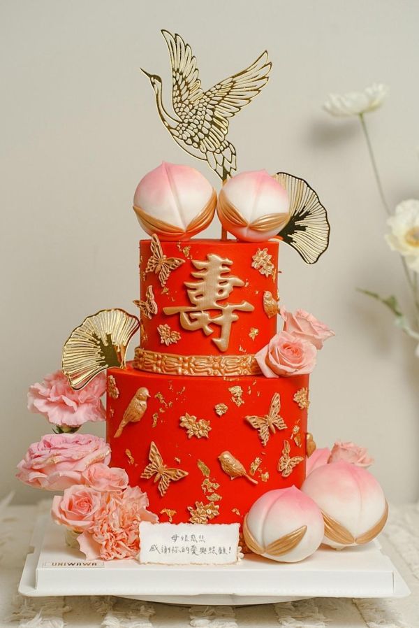 花開富貴 祝壽蛋糕 長輩生日蛋糕 壽桃蛋糕 媽媽生日 奶奶祝壽 客製化蛋糕 金鶴 花藝蛋糕 長輩禮物