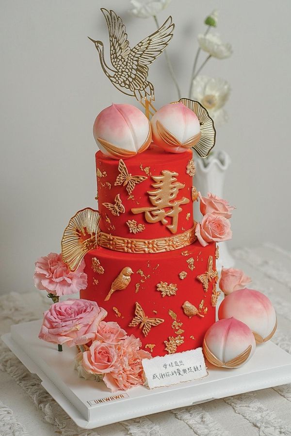 花開富貴 祝壽蛋糕 長輩生日蛋糕 壽桃蛋糕 媽媽生日 奶奶祝壽 客製化蛋糕 金鶴 花藝蛋糕 長輩禮物