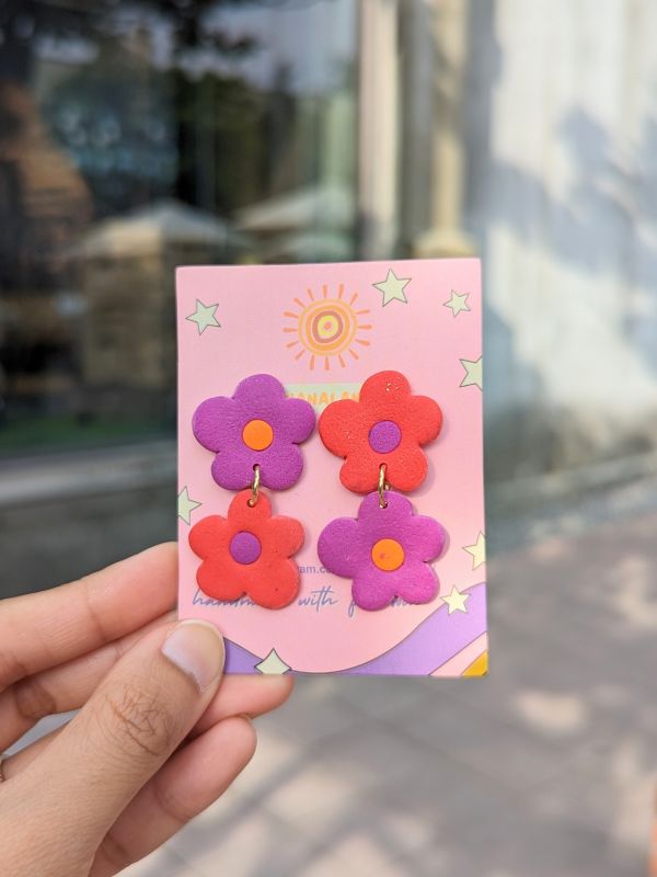 跳色個性雙層花耳環 