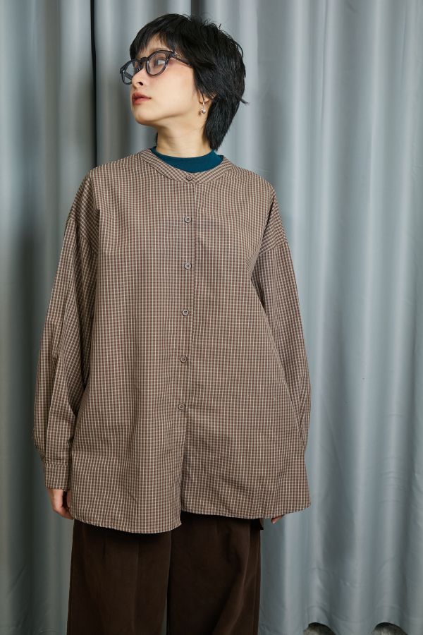 秋天暖暖土黃色格小元亨利領落肩大件襯衫 