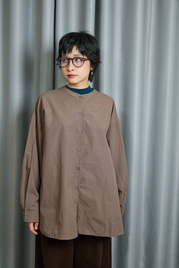 秋天暖暖土黃色格小元亨利領落肩大件襯衫 