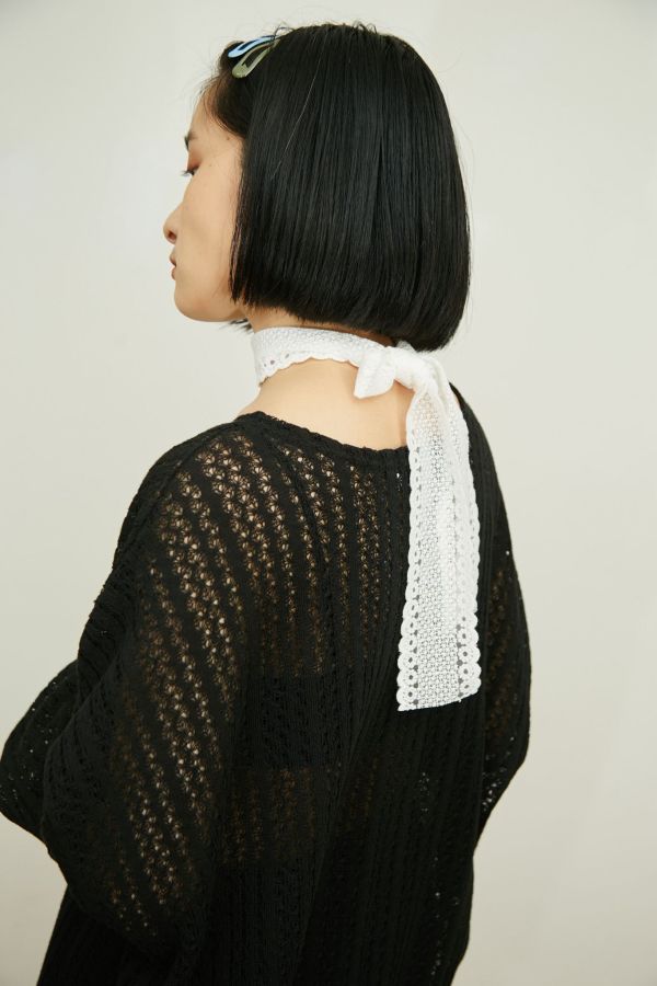 編織鉤花布蕾絲長領巾 