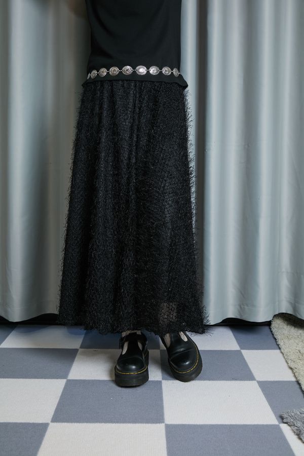 華麗黑色流蘇飛飛毛毛微閃鬆緊長裙 