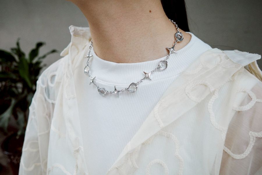 玻璃氣泡珠珠十字星星拼接金屬項鍊 