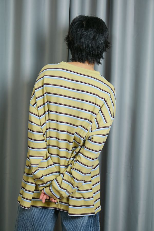 中性四線配色條紋寬鬆落肩慵懶大件上衣(黃色) 