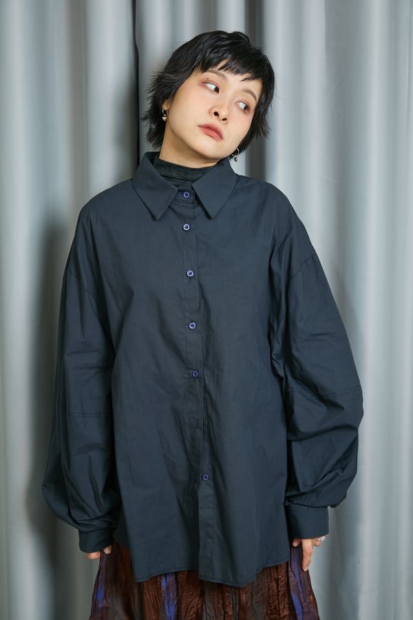 秋日沉穩色系立體繭型大澎袖寬鬆襯衫(深藍) 