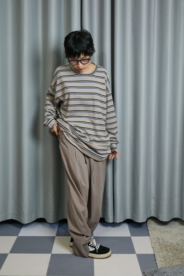 厚厚磨毛布料抽繩調節車線繭型寬版長褲(卡其) 