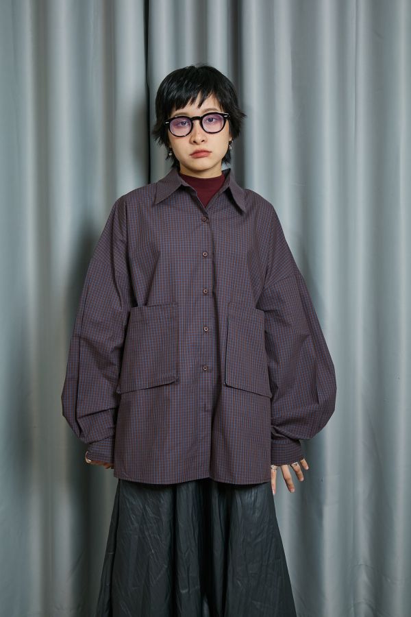 深藍細格紋雙邊立體大口袋寬鬆OVERSIZE襯衫 