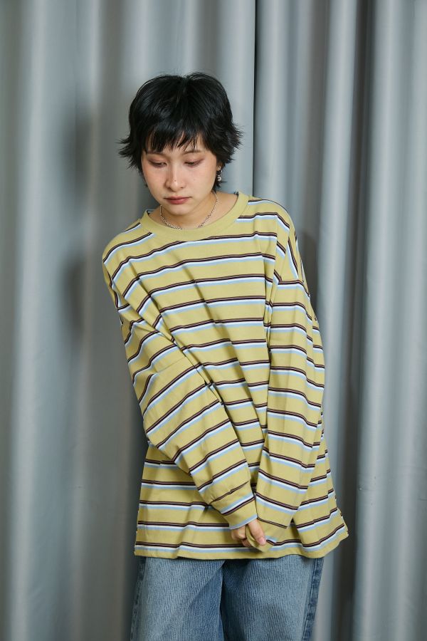 中性四線配色條紋寬鬆落肩慵懶大件上衣(黃色) 
