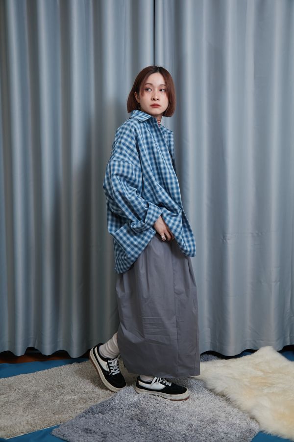 素色腰間多層壓折花苞澎澎氣球長裙(灰色) 