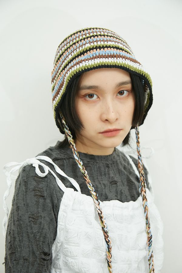彩色編織毛線圓頂繫繩漁夫帽 