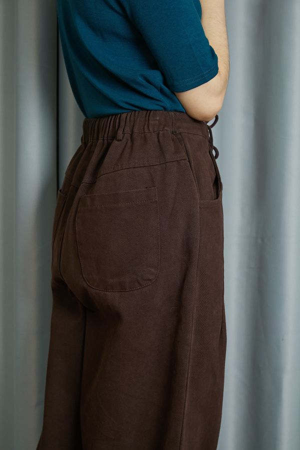 厚厚磨毛布料抽繩調節車線繭型寬版長褲(咖啡) 