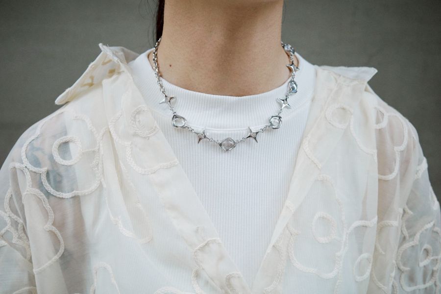 玻璃氣泡珠珠十字星星拼接金屬項鍊 