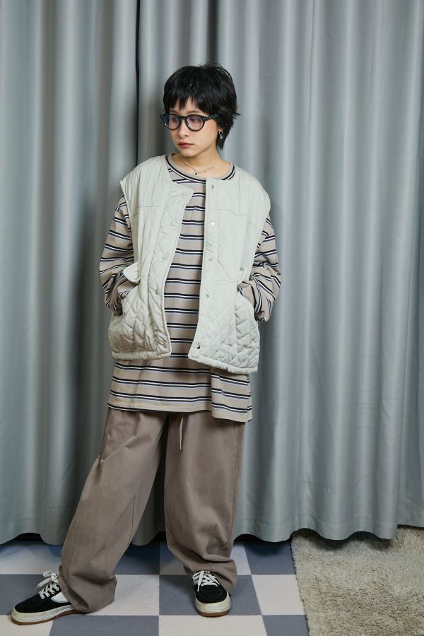 厚厚磨毛布料抽繩調節車線繭型寬版長褲(卡其) 