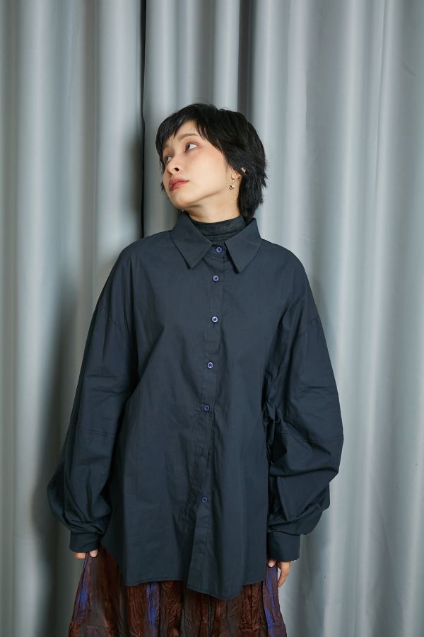 秋日沉穩色系立體繭型大澎袖寬鬆襯衫(深藍) 