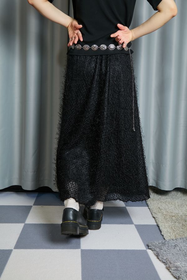華麗黑色流蘇飛飛毛毛微閃鬆緊長裙 