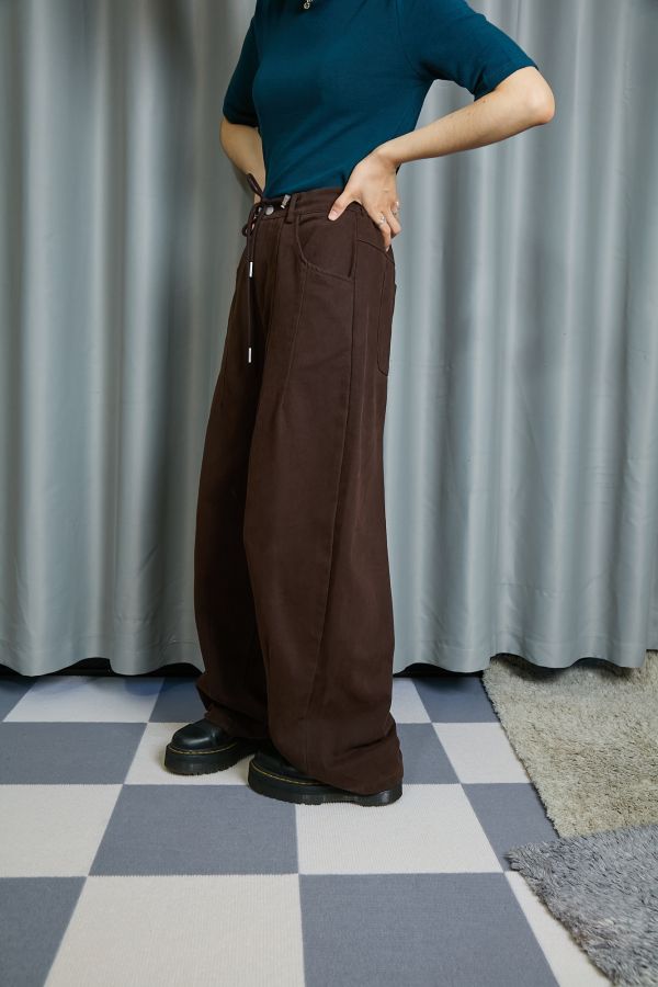 厚厚磨毛布料抽繩調節車線繭型寬版長褲(咖啡) 