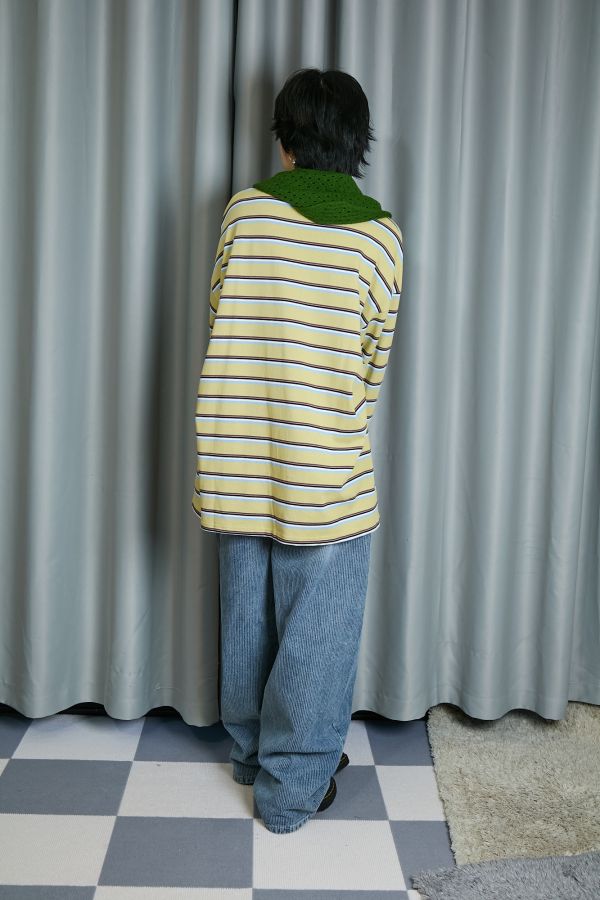 中性四線配色條紋寬鬆落肩慵懶大件上衣(黃色) 