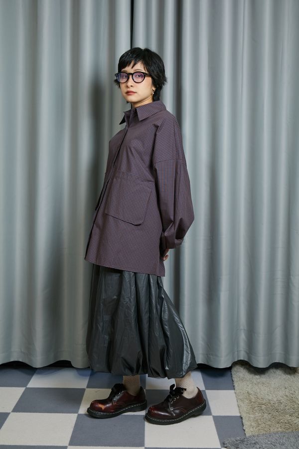 深藍細格紋雙邊立體大口袋寬鬆OVERSIZE襯衫 