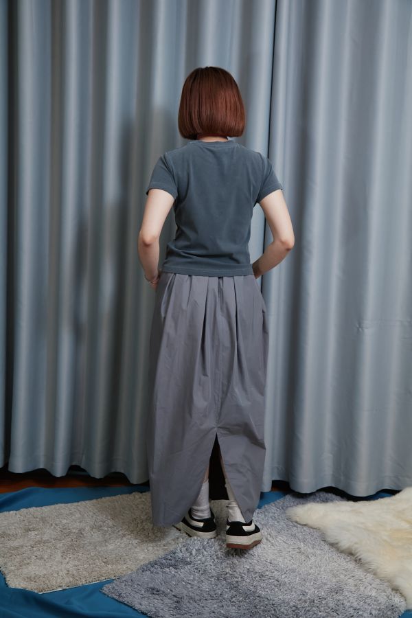 素色腰間多層壓折花苞澎澎氣球長裙(灰色) 