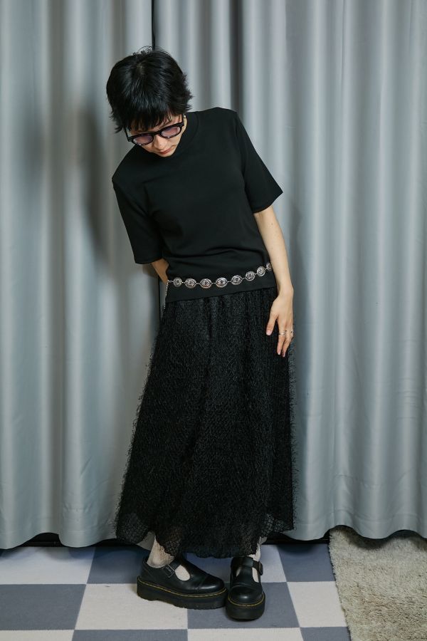 華麗黑色流蘇飛飛毛毛微閃鬆緊長裙 