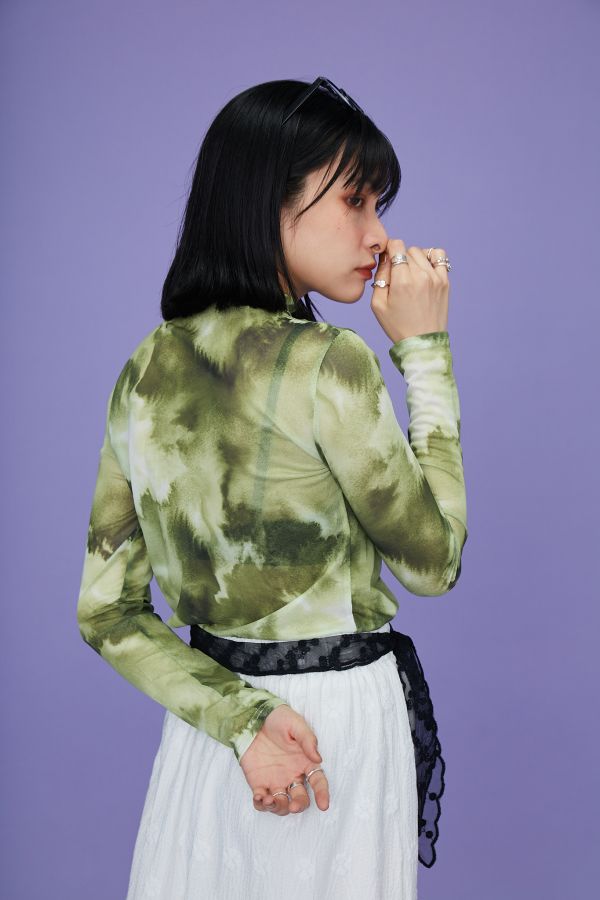 【SALE8折!!】山水晚霞青苔彈性微透膚網紗上衣(兩色) 