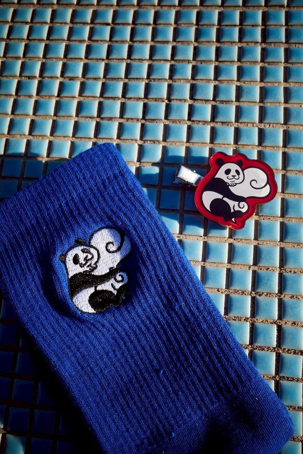 【現貨】電波訂製筋斗雲熊貓造型刺繡小圖素色長襪(藍色) 