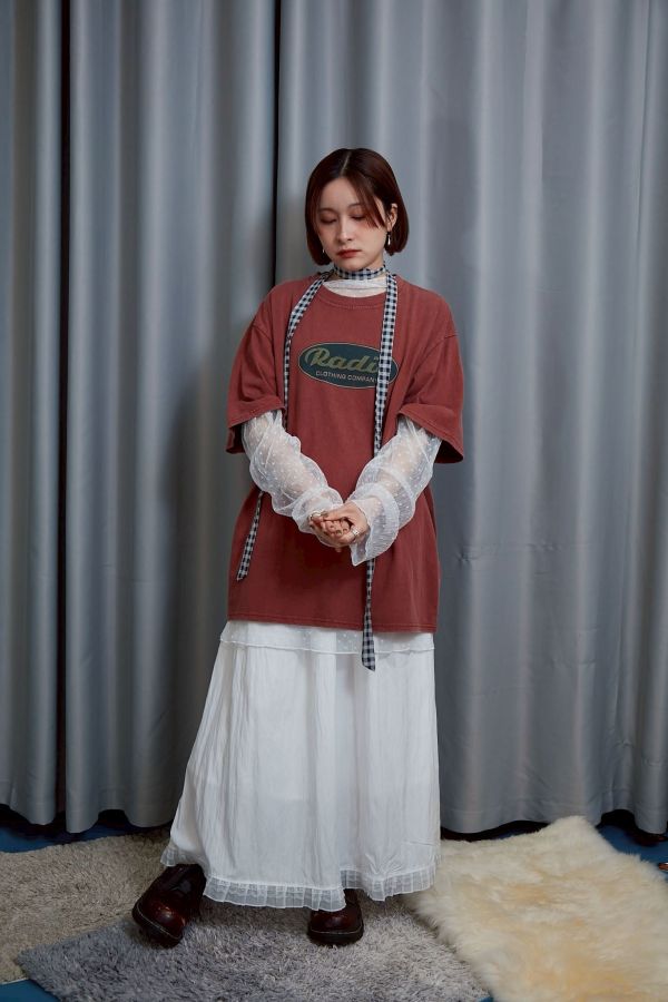 RADIO橢圓框框仿舊水洗大件寬鬆短T(橘色) 
