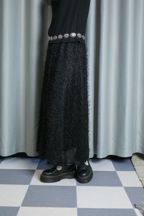 華麗黑色流蘇飛飛毛毛微閃鬆緊長裙 