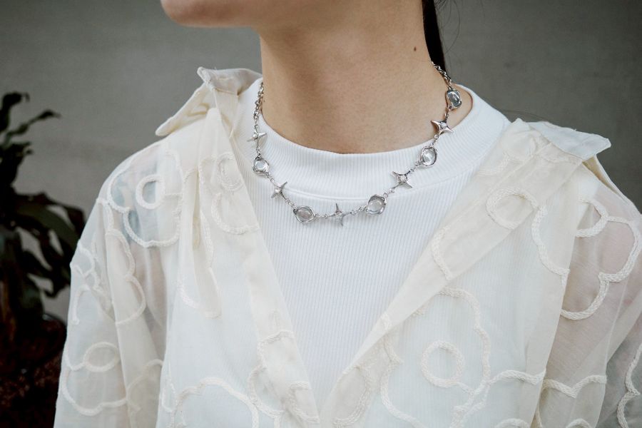 玻璃氣泡珠珠十字星星拼接金屬項鍊 