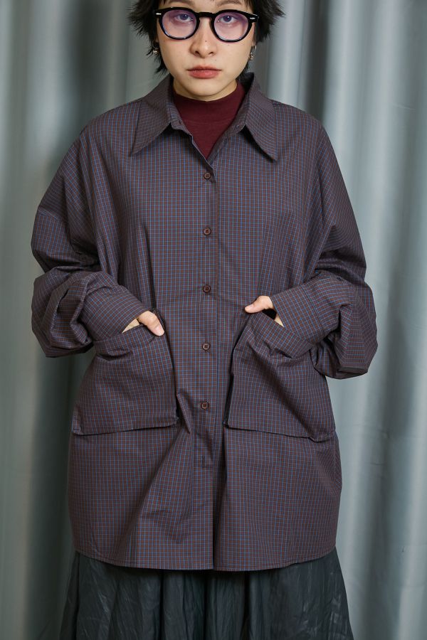 深藍細格紋雙邊立體大口袋寬鬆OVERSIZE襯衫 