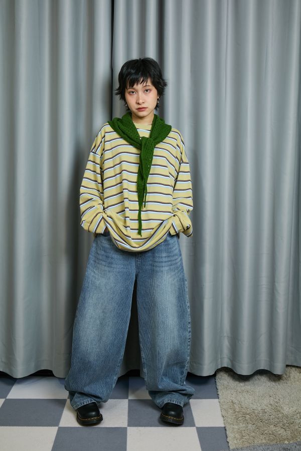 中性四線配色條紋寬鬆落肩慵懶大件上衣(黃色) 