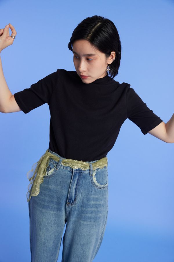 磨毛質感小高領五分袖小T(兩色) 