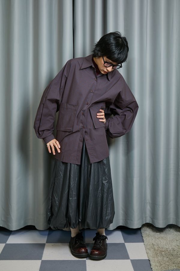 深藍細格紋雙邊立體大口袋寬鬆OVERSIZE襯衫 